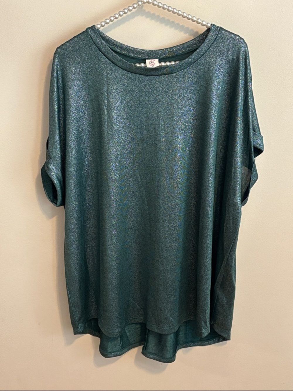 Sew In Love Sparkle Green Teal Women Top 2X Short Sleeve Metallic Blouse Bling
